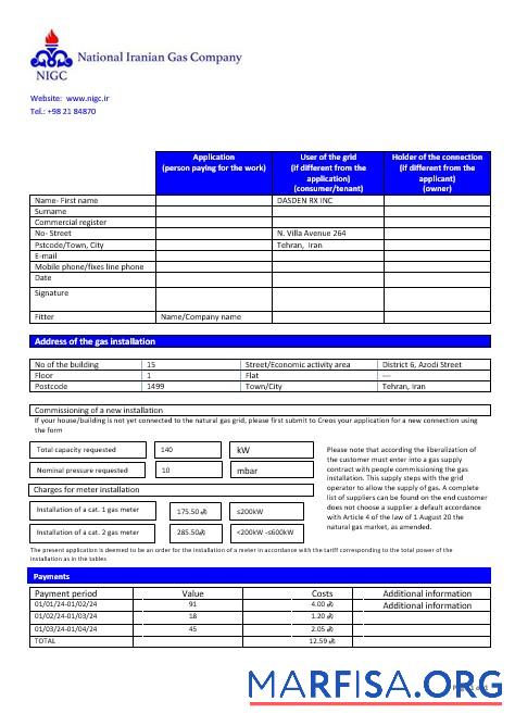 Blank Iran National Iranian Gas Company gas business utility bill template in Word and PDF format